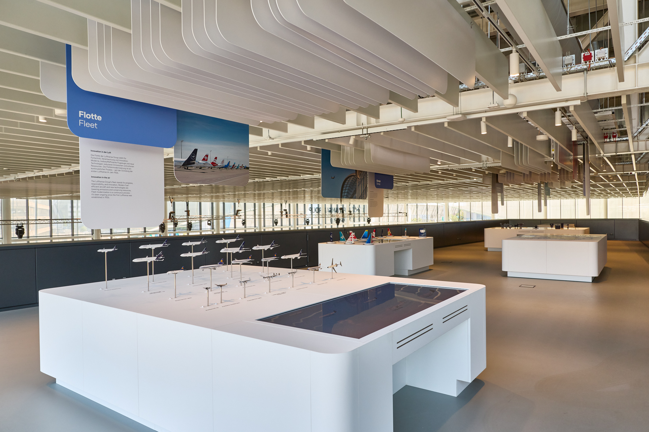 Exhibition area Lufthansa Group Today—in the foreground: a fleet display table with model aircraft